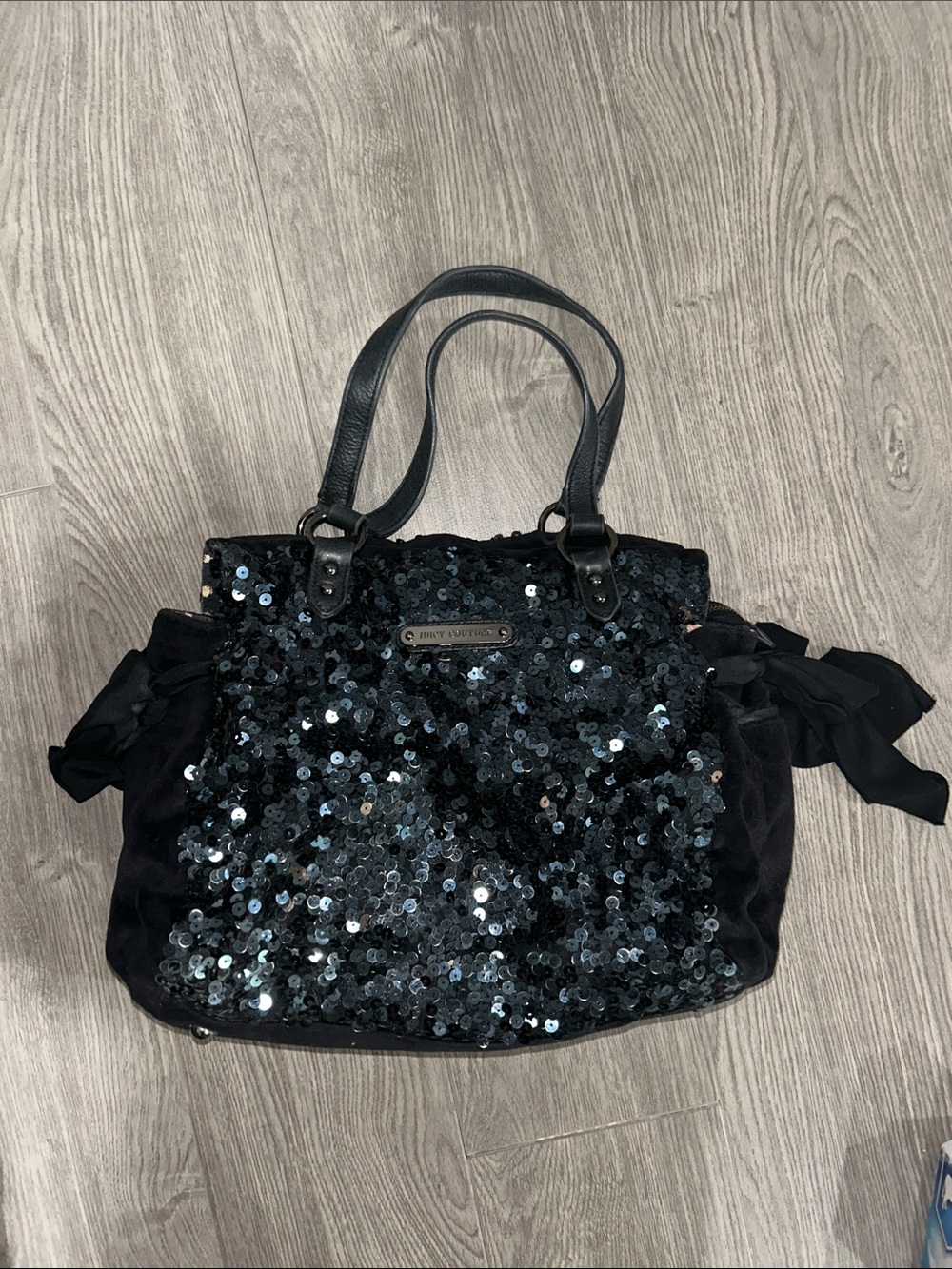 Juicy couture Blue Sequin black velvet Tote with Ribbon Sides